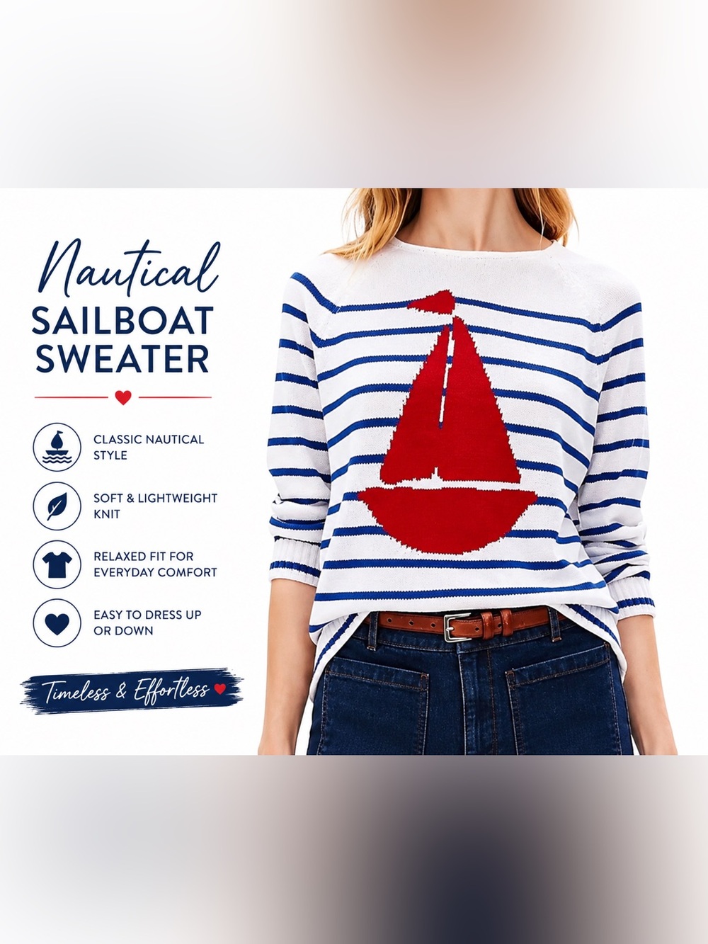 LOFT White & Blue Striped Sweater with Red Sailboat Motif 0037